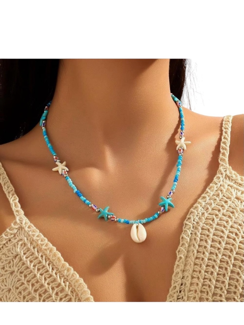 NWT Boho Beaded Turquoise Starfish Necklace—Starfish Accents & Shell Pendant